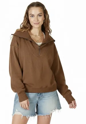 Aerie Oversized Collared Quarter Zip Sweatshirt Size S Brown Ribbed Collar Cozy thumbnail 1