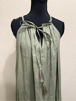 Zara Tiered Maxi Dress Halter Tassel Open Back Boho Resort Vacation XS Sage thumbnail 3