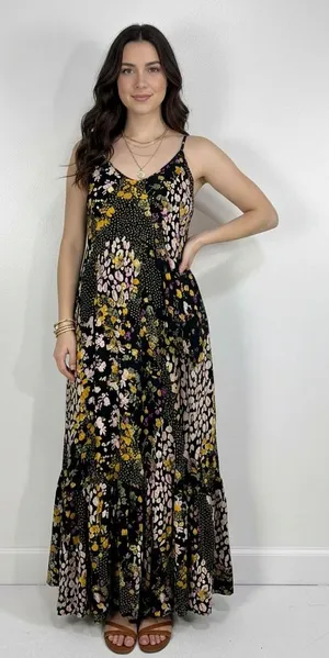 Tribal Jeans Floral Maxi Dress M Boho Black‎ Yellow Pink Summer Sundress Rayon thumbnail 1