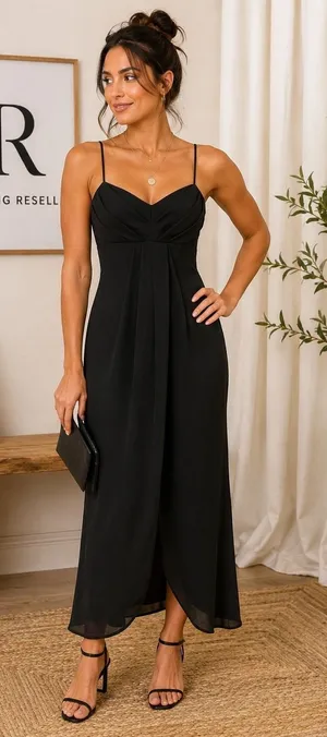 Roberta Black Draped Maxi Dress Sweetheart Neckline Spaghetti Strap Formal Gown thumbnail 1