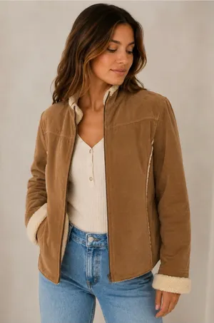 Co & Eddy women’s tan camel suede faux shearling lined jacket size 10 zip front thumbnail 1