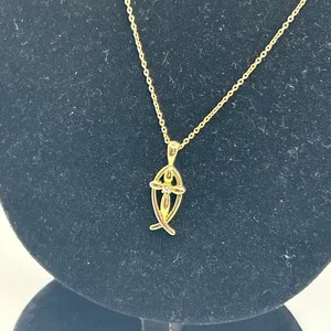 Vintage Real Gold Ichthys Fish Cross Pendant Chain Plated Stainless Steel thumbnail 2