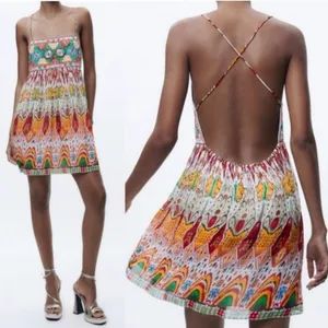 ZARA Geometric Print Straight Neck Strappy Embroidered Short Dress Size‎ Small thumbnail 5
