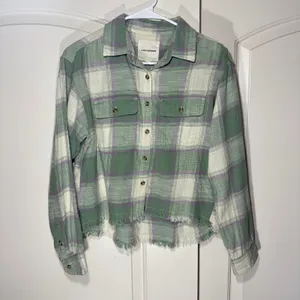 Lucky Brand Women's XS Cotton Raw Edge Plaid‎ Cropped Button Down Top Flannel thumbnail 2