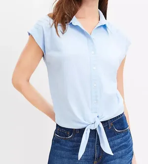 NEW Loft Medium Dobby Stripe Modern Tie Front Button Down Top Shirt thumbnail 1