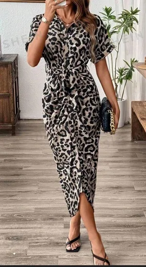 Abstract Print (NOT Animal Print) Short Sleeve Button Down Tie Dress thumbnail 4