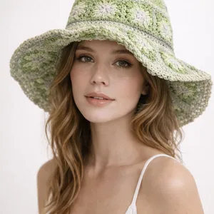 Steve Madden Crochet Granny Square Sun Hat Green Floral Boho Bucket Summer Hat thumbnail 1