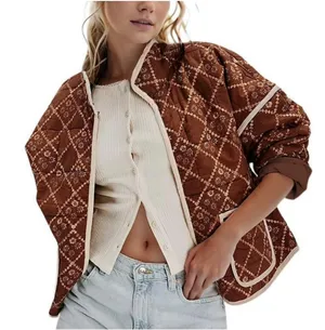 NWT Omoone Boho Brown Floral Quilted Padded Lightweight Puffer Coat Jacket Sz XS thumbnail 1