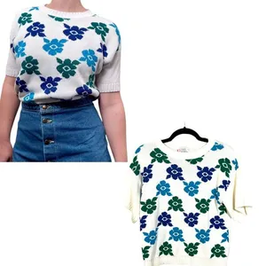Cristin Stevens Vintage Floral Daisy Short Sleeve Knit Blouse Size Medium thumbnail 2