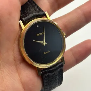 Geneva Gold-tone Black Dial & Leather Strap Minimalist Watch Working thumbnail 6