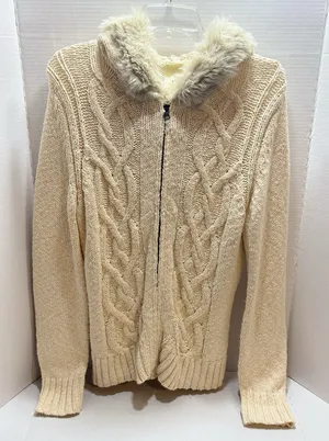 Vtg Old Navy Cable Knit Sweater Zip Up Faux Fur Collar Cream Beige Y2K XL thumbnail 1