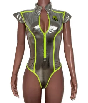 Alien Space Babe Futuristic Festival Halloween Cosplay Bodysuit & Tights Costume thumbnail 8