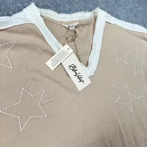 Blue Velvet Tan Star Embroidered V-Neck‎ Cotton Top Two-Tone Boho NEW Oversized thumbnail 3