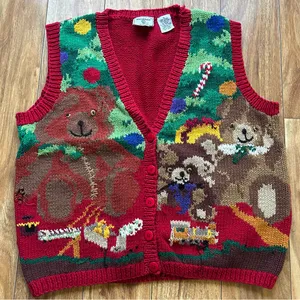 Vintage Handknit Lecomte Red Christmas Sweater Vest Women Size M Holiday thumbnail 1