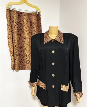 Vintage 90s Leopard Print 2 Piece Skirt Suit Set Black Rayon Blazer Midi Skirt thumbnail 1