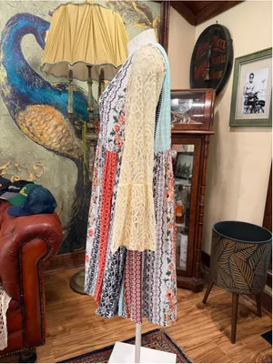 Kori America Patchwork Boho Dress Lace Sleeve Floral Mix Print V-Neck Sz L S7003 thumbnail 5