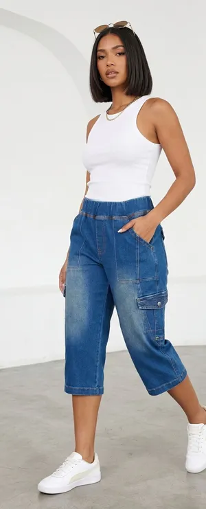 Urban Breeze Indigo Cargo Capris | Street Chic Summer Utility thumbnail 1