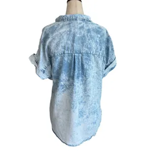 Thread & Supply Acid Wash Denim Look Tunic Top Lt Blue Short Sleeve V-Neck Relax thumbnail 5
