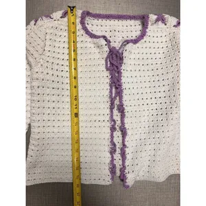 Handmade Crochet Cardigan Womens Medium Cream Purple‎ Bows Tie Front Long Slv thumbnail 7