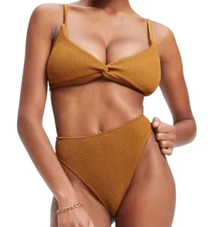 NEW Good American Always Fits Large Brown Bronze Crinkle Twist Bikini Top v6x thumbnail 1