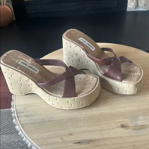 Steve Madden Colins Brown Leather Wooden Platform Wedge Sandals Size 7.5 thumbnail 3