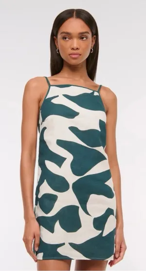 Abercrombie & Fitch Green White Abstract Apron Mini Dress XSP Linen Blend Y2K thumbnail 1