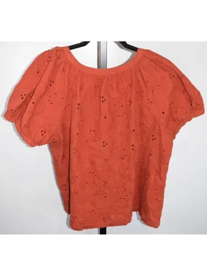 Rust Orange Eyelet Embroidered Puff Sleeve Button Front Blouse Boho Top 1X Size XL thumbnail 2