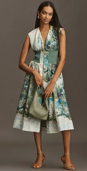 NWT Anthropologie Tommie Zip-Front Midi in Olive Forest Mountain Print Dress M thumbnail 1