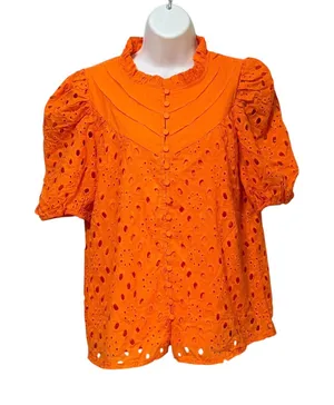Orange Eyelet Cotton Puff‎ Sleeve Ruffle Neck Button Front Blouse Top Small thumbnail 1