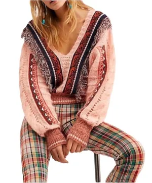 Free People Passion Fruit Peach Fringe Sweater Alpaca Wool Large Boho thumbnail 1