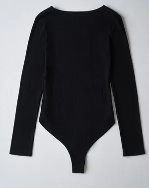 ROMWE Black Asymmetrical Long Sleeve Bodysuit thumbnail 2
