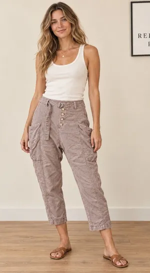 Free People High Rise Cargo Utility Pants Mauve Brown Lyocell Linen Size 2 thumbnail 1