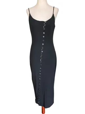 Blanc black ribbed-knit midi dress with asymmetric curved row of front buttons thumbnail 8
