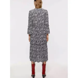 Zara white black midi ruffle floral dresss size medium boho‎ relaxed fit flowy thumbnail 2