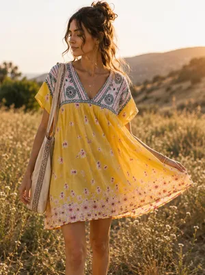 FLOE Yellow Embroidered Boho Dress Medium Festival Sundress Cotton Floral thumbnail 1