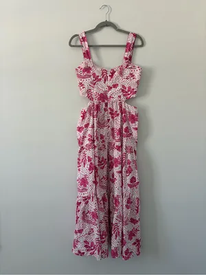 Zara Pink White Cut Out Floral Tiered Skirt Beaded Boho Cottagecore Maxi Dress M thumbnail 3