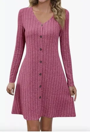 Women Sweater Knitted Long Sleeve Buttons Dress Sz L New thumbnail 1