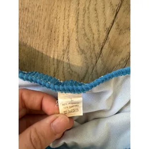 Blue White Striped Crinkle Smocked Bikini Set Tortoise Buckle Bandeau Top L‎ thumbnail 2
