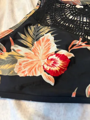 Roxy floral black pink green floral open back high crochet neckline swim top thumbnail 2