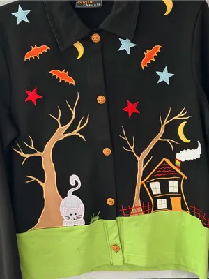 Vintage 90s Onque Casuals Halloween Cardigan Jacket NWT Cat Haunted House thumbnail 2