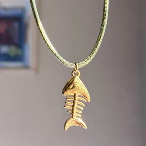 Handmade gold tone stainless steel fish bone boho funky simple necklace🌀🐟🧡 thumbnail 3