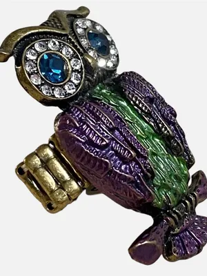 Boho Owl Ring Purple Green Rhinestone Enamel Stretch Adjustable Bronze Tone thumbnail 2