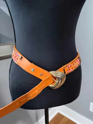 Hand Beaded Orange Leather Bohemian Southwestern Belt 36in thumbnail 1
