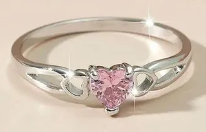 LOVE Heart-shaped Pink and White Silver Ring Size 7 thumbnail 1