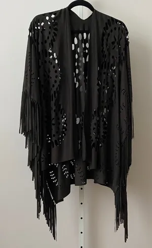 Whimsigoth Faux Suede Boho Western Witchy Laser Cut Fringe Shawl Kimono OS Black thumbnail 1