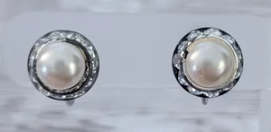 Vintage Screw On Earrings Faux Pearl with Clear Gem Halo - Heavy Tarnish/Wear thumbnail 1