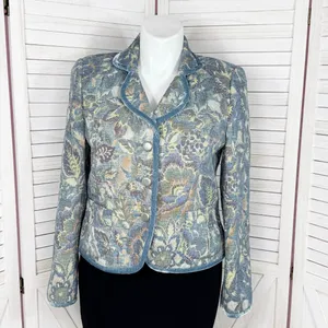 Vintage Talbots Blazer Women XL Blue Floral‎ Brocade Velvet Trim Jacket Boho thumbnail 2