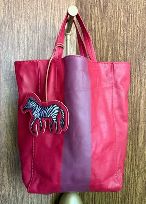 Saks Fifth Avenue Faux Leather Colorblock Tote Bag Red Pink with Zebra‎ Charm thumbnail 1