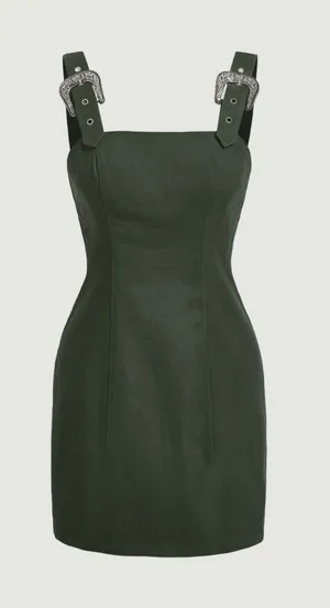 AUW Olive Green Faux Suede Mini Overall Dress with Silver Buckles Size Small thumbnail 1