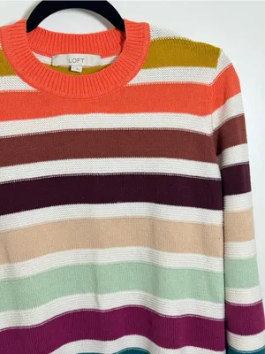 LOFT Coral Trim Multicolor Striped Crewneck Sweater thumbnail 3